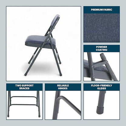 OEF Furnishings OEF2200 Series Heavy-Duty Premium Fabric Padded Upholstery Double-Hinged Folding Chairs (4-Pack, Midnight Blue)