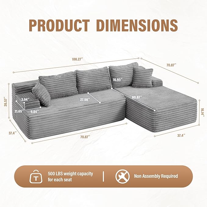Hobestluk Modular Sectional Couch Sofa, 108" Boneless Couches for Living Room, Memory Foam Sectional Couch with Oversized Chaise,L-Shape Couches (Grey, Right Facing)