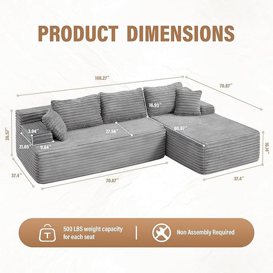 Hobestluk Modular Sectional Couch Sofa, 108" Boneless Couches for Living Room, Memory Foam Sectional Couch with Oversized Chaise,L-Shape Couches (Grey, Right Facing)