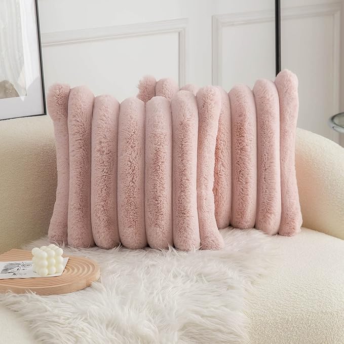 Neelvin Pink Faux Fur Cozy Soft Striped Decorative Throw Pillow Covers 16x16 inch Set of 2,Velvet Pillowcase Cushion Case for Sofa Couch