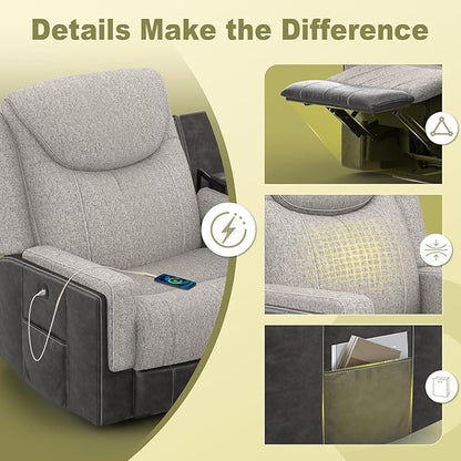 4 Seat Manual Reclining Sofa, Flip Middle Backrest 2-in-1 Recliner Couch with Large Storage Drawer, USB Ports & Cup Holders, Grey Linen & Leather 4 Seater Recliner Sofa for Living Room