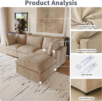 Cloud Couch Modular Sectional Sofa,100.5" U Shaped Couch, Oversized Convertible Wide Seater,3 Seater with 2 Ottomans for Living Room Set, Covers Washable&,Khkai