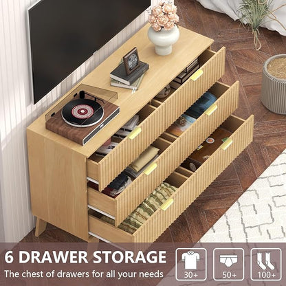 Fluted Dresser for Bedroom,6 Drawer Dresser for Closet,47" Wide Storage Cabinet and Chest of Drawers with Gold Handle,TV Stand,Storage Organizer for Living Room,Hallway,Entryway,Nature Oak