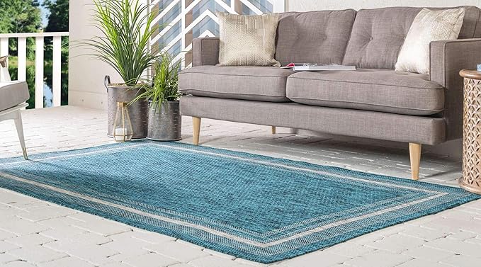 Unique Loom Outdoor Border Collection Area Rug - Soft Border (6' 1" x 9' Rectangle, Teal/ Ivory)