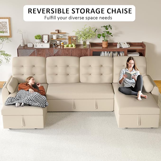 Ucloveria Sleeper Sofa Bed, 112" U Shaped Sectional Sofa Couches for Living Room, Pull Out Couch Bed with Dual Reversible Storage Chaise | Charging Station | Side Pockets | Removable Backrest