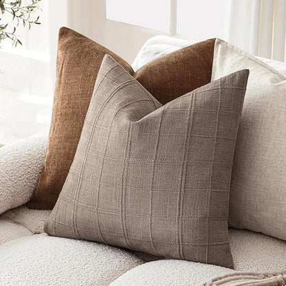 Foindtower Set of 2 Decorative Linen Check Throw Pillow Covers Neutral Farmhouse Vintage Cushion Covers Modern Boho Home Decor for Sofa Chair Couch Bedroom Living Room,22×22 Inch,Tan Taupe