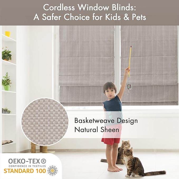 Madison Park Galen Cordless Roman Shade, 35"W x 64"H, Sheen Taupe – Room Darkening, Thermal Insulated, Energy Efficient Window Blind with Subtle Sheen Basketweave Fabric for Privacy