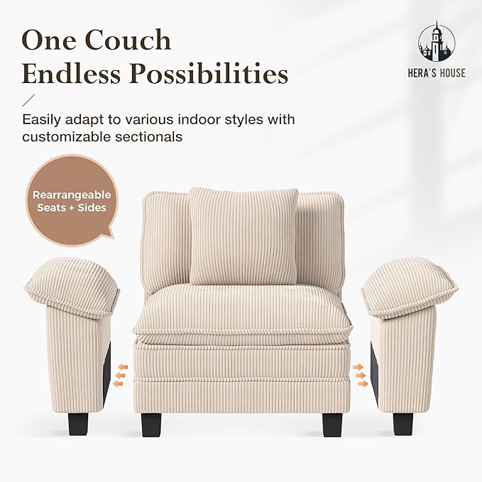 HERA'S HOUSE 158" Modular Sectional Sofa, Oversized L Shaped Couches for Living Room, Comfy Cloud Couch with Ottoman, 5-Seater Deep Seat Sofa with Throw Pillow, Corduroy Beige