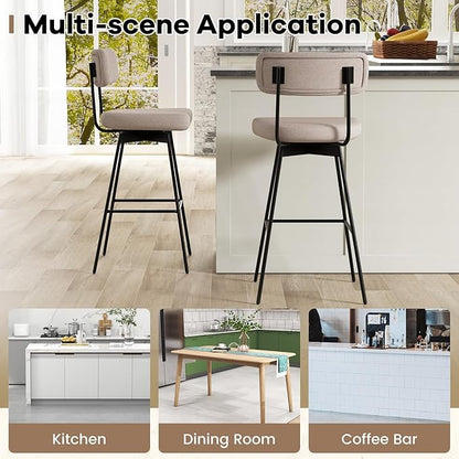 COSTWAY Bar Stools Set of 2, 29” Upholstered Bar Height Chairs with Back, 360° Swivel Bar Chairs with Heavy-Duty Metal Legs and Footrests, Fabric Seat for Kitchen Island, Dining Room, Bar (2, Beige)