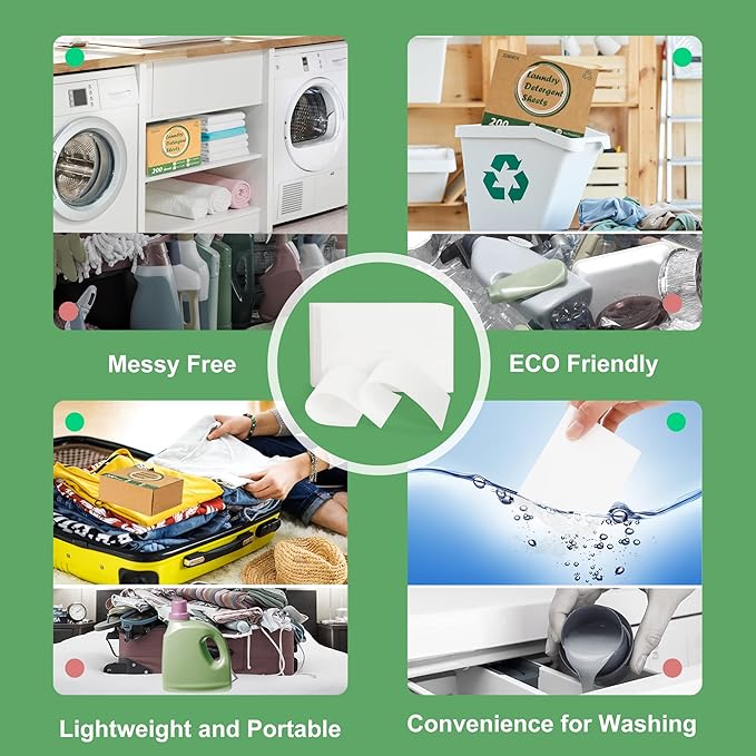Laundry Detergent Sheets, 200 Count, Fragrance Free, Eco-Friendly, Plastic-Free, Hypoallergenic, Liquidless Washing Supplies for Dorm Travel Camping