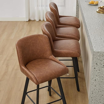 Swivel Bar Stools Set of 4, 30''H Upholstered Barstools with Backs, Modern Counter Height Bar Stool Chairs for Kitchen Island, Metal Legs, Faux Leather, Brown Counter Stools