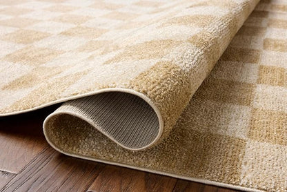 Loloi Chris Loves Julia Calvin Collection CLV-01 Wheat/Ivory 3'-6" x 5'-6" Accent Rug Checkered Neutral Soft Living Room Bedroom Carpet