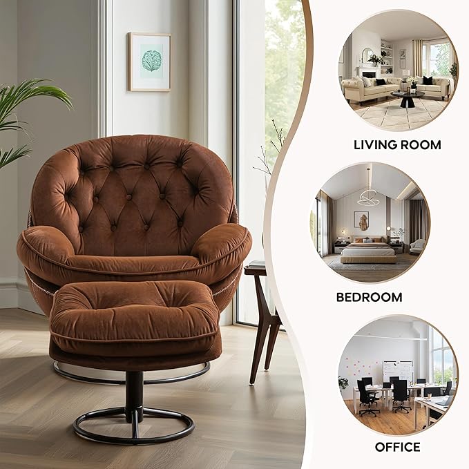 360° Swivel Modern Velvet Accent Chair with Ottoman | Mid-Century Button Tufted Lounge Chair for Living Room & Bedroom, Brown