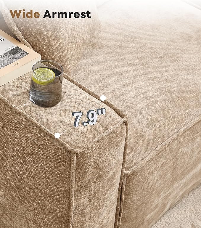 WILLOVE 141'' Modular Sectional Sofa, Chenille Cloud Couch with Wide Armrests & 6 Pillows, Deep Seat Couches for Living Room, Khaki