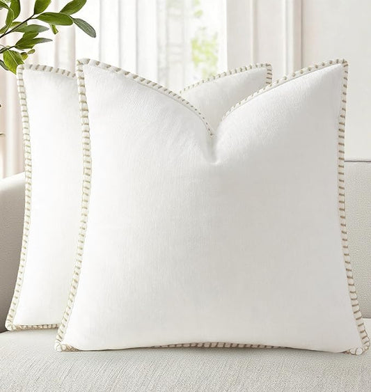 decorUhome Chenille Soft Throw Pillow Covers 24x24 Set of 2, Farmhouse Velvet Neutral Decorative Euro Pillow Covers with Stitched Edge for Couch Sofa Bed Home Decor, Cream White