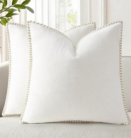 decorUhome Chenille Soft Throw Pillow Covers 26x26 Set of 2, Farmhouse Velvet Neutral Decorative Euro Pillow Covers with Stitched Edge for Couch Sofa Bed Home Decor, Cream White