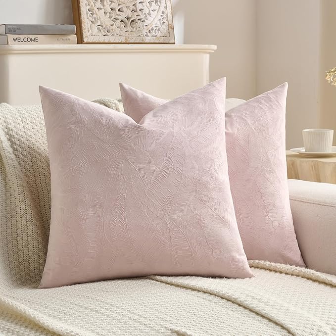 FUTEI Pink Velvet Throw Pillow Covers 16x16 Inch Set of 2,Soft Embossed Leaf-Relief Textured Cushion Cases,Natural Home Decor for Couch Living Room