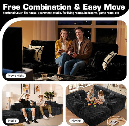 106" Cloud Sectional Couch with L-Shape Chaise & Ottoman, No Assembly Modular Sofa, Deep Seat Plush Corduroy Boneless Couched for Living Room (Black Plush Corduroy, Left Facing Chaise with Ottoman)