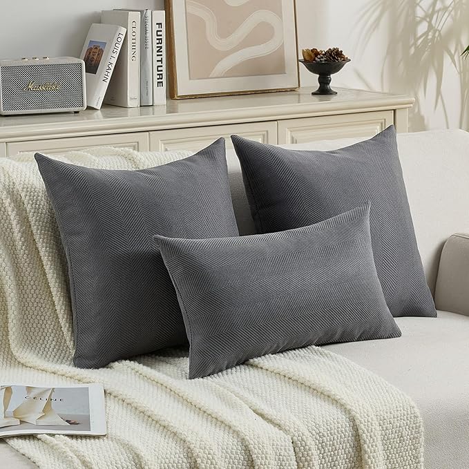 FUTEI Dark Grey Chenille Throw Pillow Covers 18x18 Inch Set of 2,Soft Wide Chevron Textured Cushion Case,Farmhouse Home Decor for Couch Bed Living Room
