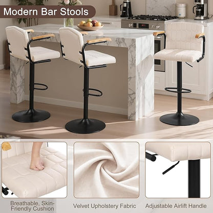 VECELO Bar Stools Set of 4, Adjustable Upholstered Swivel Barstools, Modern Counter Height Bar Stools with Back and Footrest, Island Chairs for Kitchen, Dining Room, Bar