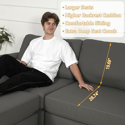 EASE MOOSE Oversized Modular Sectional Sofa,Leather Sectional Couch with Deep Seat,Extra Large L Shaped Couch,Modern Comfy Scratch Resistant Faux Leather Material Sofa,Grey