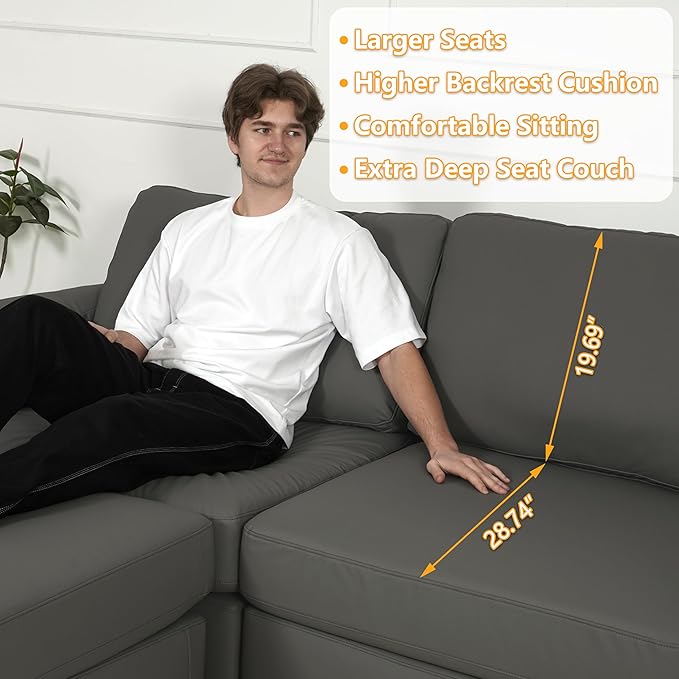 EASE MOOSE Oversized U Shaped Couch,Modular Sectional Convertible Sofa with Wide Deep,Extra Large Faux Leather Scratch Resistant Modern Couch for Big Spaces,Grey