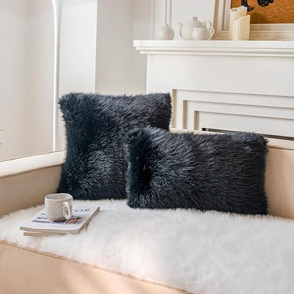 Neelvin Black Faux Fur Cozy Fluffy Double-Sided Decorative Throw Pillow Covers 12x20 inch Set of 2,Velvet Pillowcase Cushion Case for Sofa Couch