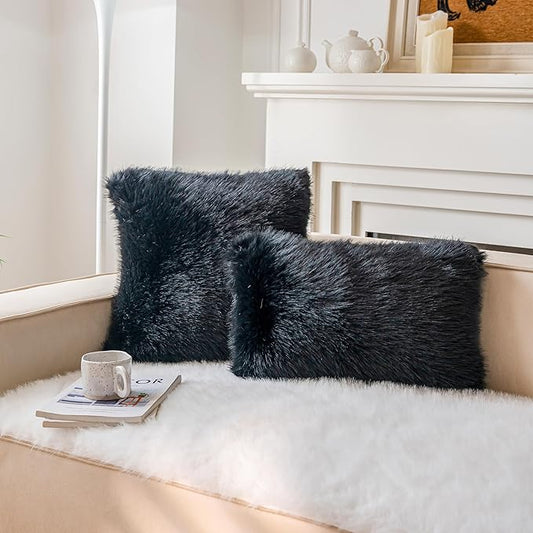 Neelvin Black Faux Fur Cozy Fluffy Double-Sided Decorative Throw Pillow Covers 20x20 inch Set of 2,Velvet Pillowcase Cushion Case for Sofa Couch