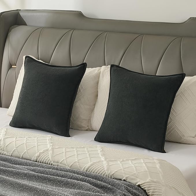 FUTEI Black Chenille Throw Pillow Covers 24x24 Inch Set of 2,Edges Double-Stitched European Cushion Cases,Modern Home Decor for Couch Living Room