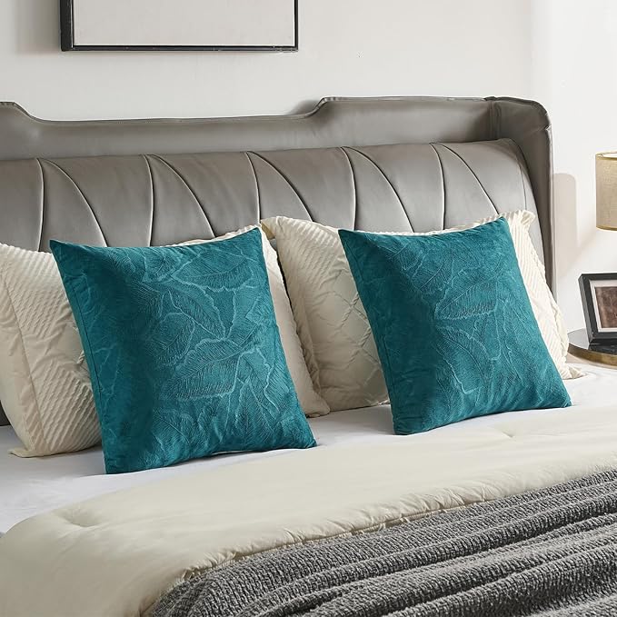 FUTEI Teal Velvet Throw Pillow Covers 26x26 Inch Set of 2,Soft Embossed Leaf-Relief Textured Euro Pillow Shams,Natural Home Decor for Couch Living Room