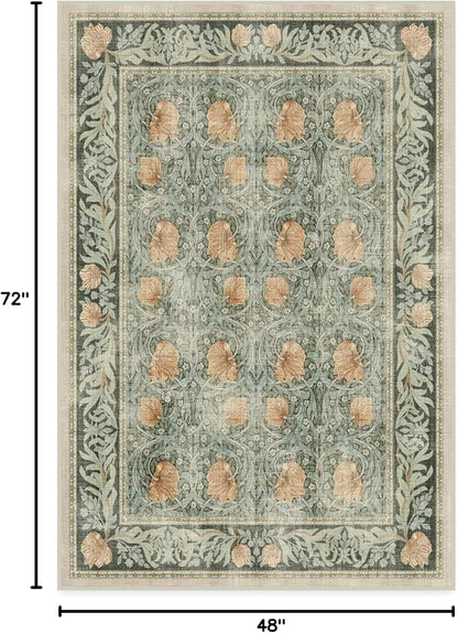 RUGGABLE x Morris & Co Washable Area Rug – Pimpernel Vintage Green 4x6, Stain-Resistant, Non-Slip – Medium Machine Washable Rugs for Living Room, Bedroom, Hallway, Entryway & Office–with Standard Pad