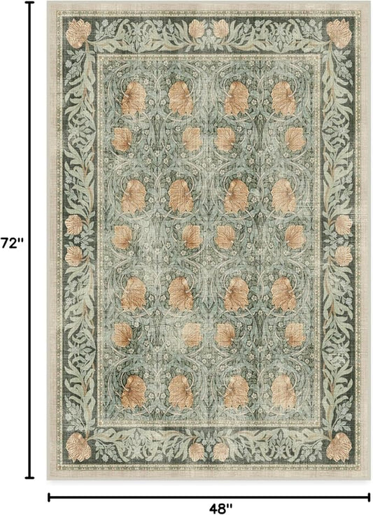 RUGGABLE x Morris & Co Washable Area Rug– Pimpernel Vintage Green 4x6, Stain-Resistant, Non-Slip – Medium Machine Washable Rugs for Living Room, Bedroom, Hallway, Entryway & Office–with Cushioned Pad