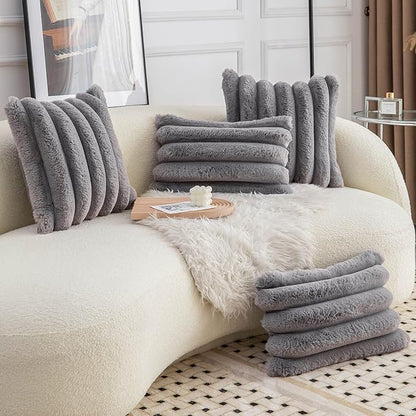 Neelvin Grey Faux Fur Cozy Soft Striped Decorative Throw Pillow Covers 12x20 inch Set of 2,Velvet Pillowcase Cushion Case for Sofa Couch