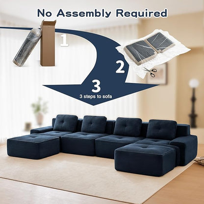 150.4” Blue Boneless Couches for Living Room, Modular Sectional Sofa with U-Shape Chaise, 4 Seater Comfy Upholstered Deep Seat Corduroy Fabric Cloud Couch No Assembly, Anti-Slip Design