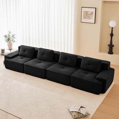 150.4” Black Boneless Couches for Living Room, Modular Sectional Sofa, 4 Seater Comfy Upholstered Deep Seat Corduroy Fabric Cloud Couch No Assembly, Anti-Slip Design