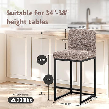 ALPHA HOME 24" Bar Stools Set of 2 Kitchen Counter Stools with Back, Counter Height Stools with Upholstered Footrest for Kitchen Island, Metal Steel Frame, Chenille, Brown