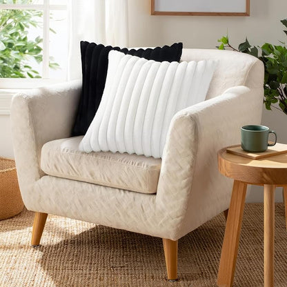 Pallene Faux Fur Plush Throw Pillow Covers 16x16 Set of 2, Luxury Soft Fluffy Striped Decorative Pillow Covers for Sofa, Couch, Living Room, Black