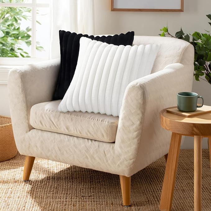 Pallene Faux Fur Plush Throw Pillow Covers 16x16 Set of 2, Luxury Soft Fluffy Striped Decorative Pillow Covers for Sofa, Couch, Living Room, White