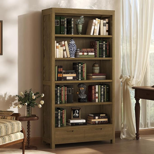 TVU 5-Tier Solid Wood Bookshelf with 2 Drawers, 72-inch Tall Standing Bookcase, 17.7" Wide Open Display Shelf for Living Room, Study, Office Storage, Deep Wood Color (72" H × 32.3" W × 11.8" D)