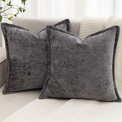 Grey Decorative Throw Pillow Covers 16x16 Inch Set of 2 Cozy Soild Chenille Cushion Cases Soft Textured Square Couch Pillows Cover Boho Accent Farmhouse Pillowcases for Sofa Bed