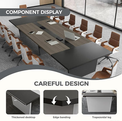 Modern Conference Table with Cable Management, Thickened Top & Trapezoidal Legs – Office Meeting Table for Executive Workspaces (Oak+Gray, 95" L