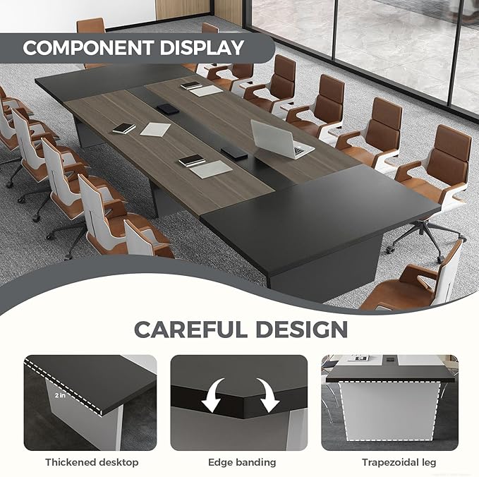 Modern Conference Table with Cable Management, Thickened Top & Trapezoidal Legs – Office Meeting Table for Executive Workspaces (Oak+Gray, 138" L