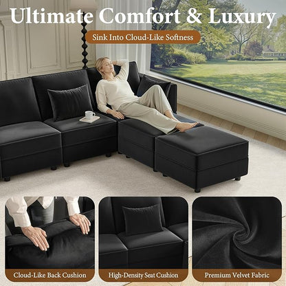 Vesgantti Sectional Couches with Storage Seats, 92" L Shaped Convertible Modular Sectional Sofa, 5 Seat & 1 Ottoman Velvet Storage Chaises Deep Seat Couch for Living Room, Bedroom, Apartment, Black