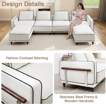 35" Square Ottoman for Modular Couch Sectional Sofa,Movable Footstool with Wooden Legs for Living Room Bedroom,Comfy Thicked Cushion Upholstered Foot Rest,White