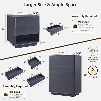 ACCOHOHO Modern Bedroom Set, 3 Pieces Bedroom Furniture Set, Wood 6 Drawer Dresser and Nightstands Set of 2, Chest of Drawers Wide Storage Organizer Cabinet for Bedroom,Black