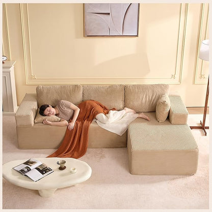 107" Boneless Couch with Deep Seat, Modular Sectional Sofa, Cloud Sectional Couch for Living Room, No Assembly Required, Corduroy, L-Shape Right，Camel