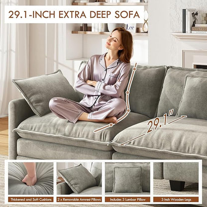 WorthFurni 111.4” Cloud Couch, Modular Sectional Sofa, Comfy Modern 3-Seater Couches with Pillows & Upholstered Deep Seat Cushion for Apartment Living Room Bedroom （Grey）