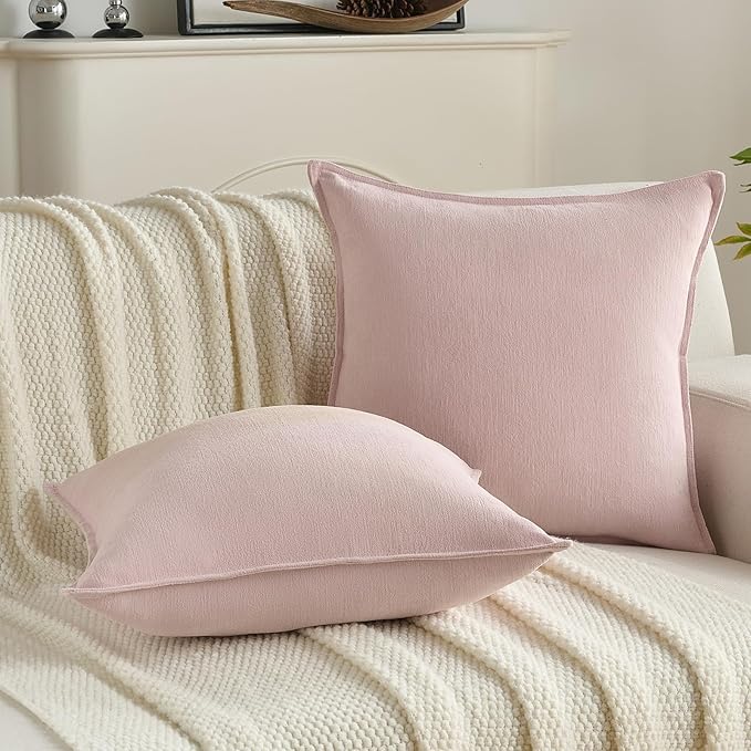 FUTEI Pink Chenille Throw Pillow Covers 24x24 Inch Set of 2,Edges Double-Stitched European Cushion Cases,Modern Home Decor for Couch Living Room