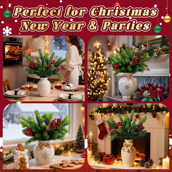 8PCS Artificial Pine Branches with Red Berry Pine Cones Artificial Needles Branches Greenery Stems Fake Greenery Floral Arrangements