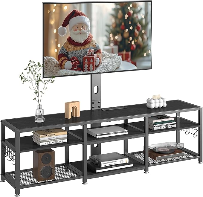 VECELO 63" TV Stand with Mount and Power Outlets, Entertainment Center Console with Open Storage Shelves, Height Adjustable Mount up to 75”, Wooden Table and Metal Frame for Living Room, Modern Black